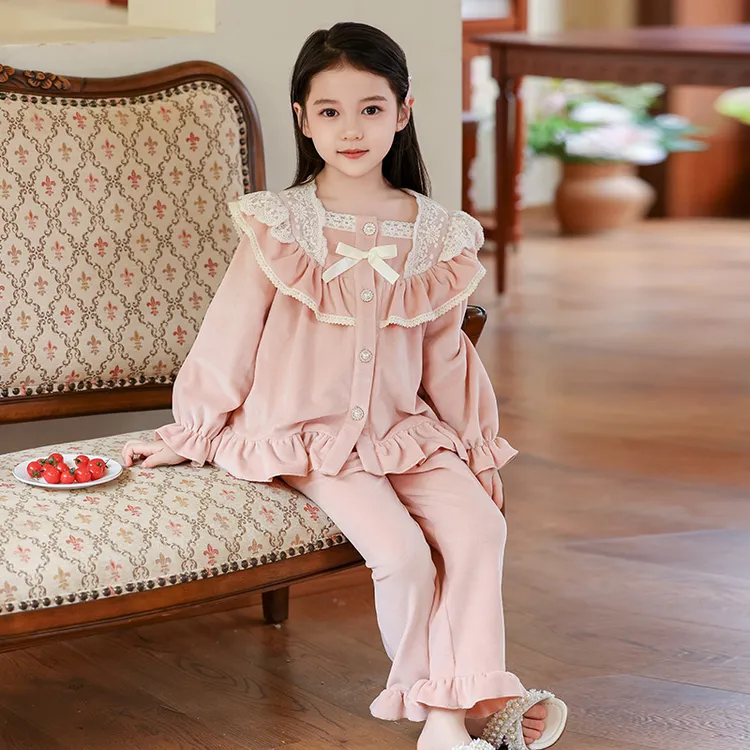 女童海岛绒睡衣蕾丝套装加厚秋冬季中大童亲子款家居服2150