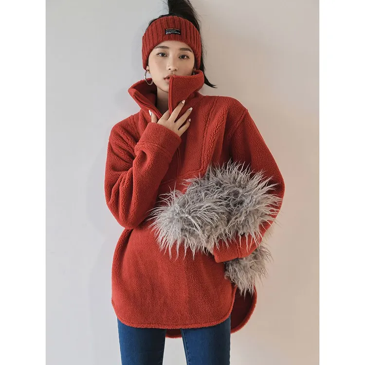 运动卫衣女秋冬慵懒风上衣颗粒绒加绒加厚宽松翻领健身套头衫大码