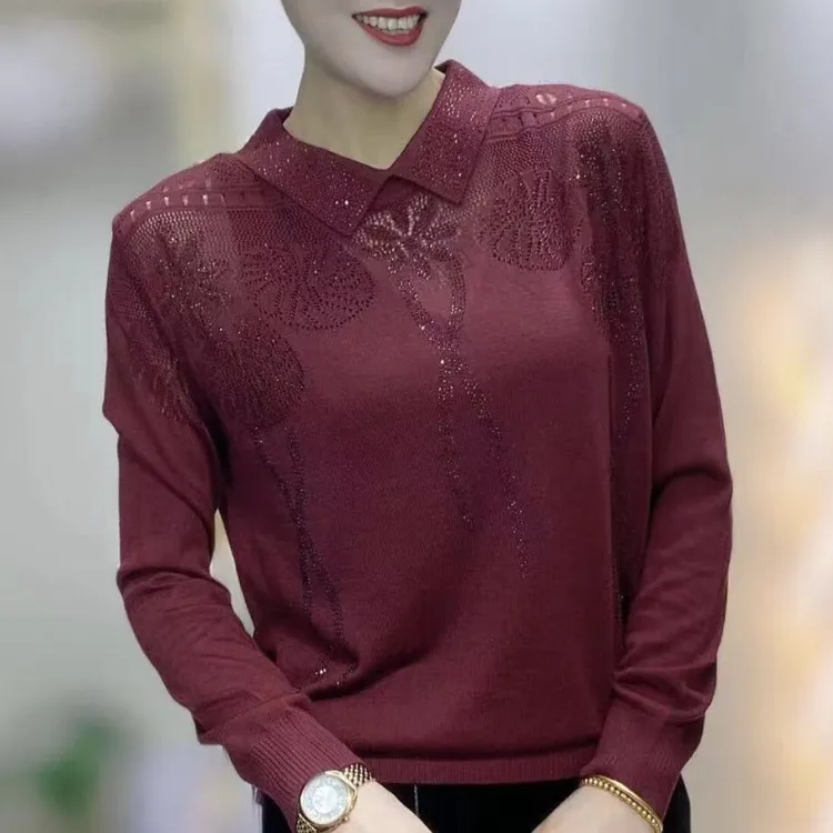 2024秋冬新款气质镂空烫钻针织衫时尚纯色百搭显瘦翻领上衣妈妈装