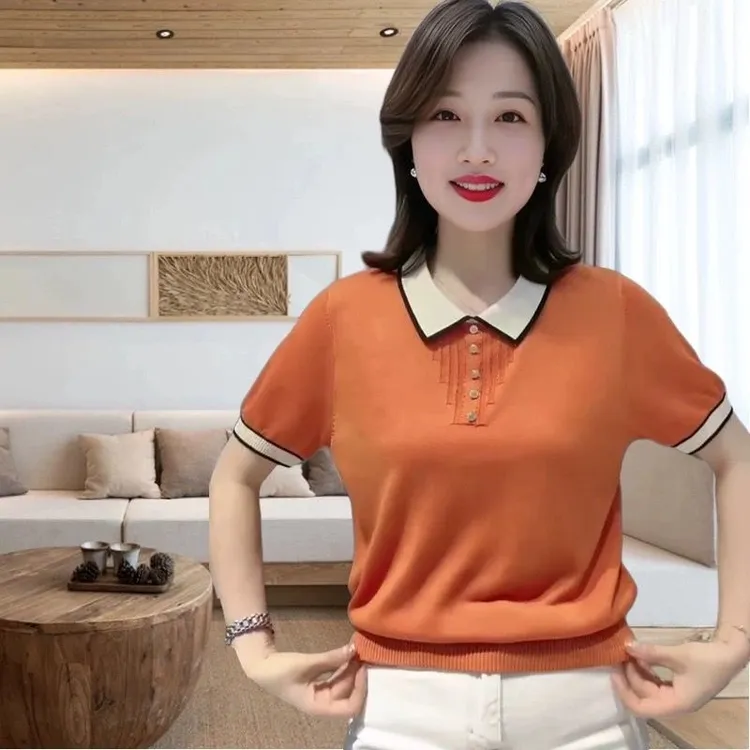 高端洋气撞色翻领妈妈短袖针织衫夏款遮肉宽松显瘦减龄打底上衣女