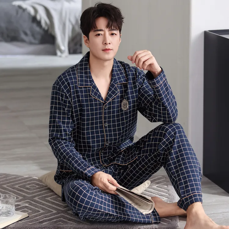 【100%纯棉】高品质格子款英伦风春秋季男士长袖全棉睡衣套装家居服