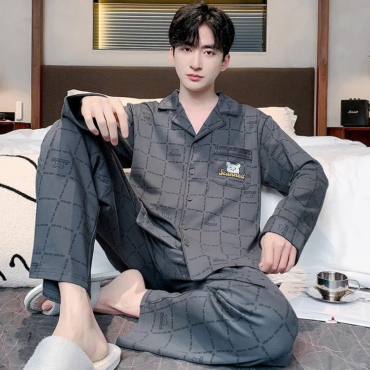 【100%纯棉】新款春秋季男士长袖纯棉睡衣套装家居服时尚全棉开衫款