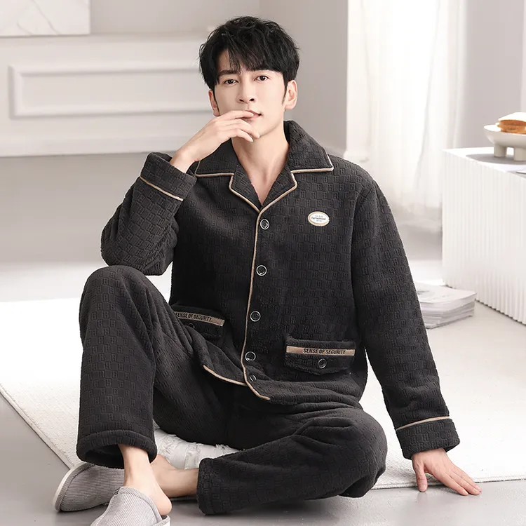 【加厚绒】高档秋冬款男士长袖珊瑚绒睡衣套装家居服锁温保暖冬天