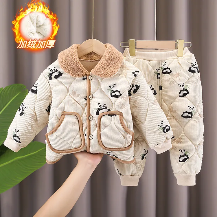 儿童冬季新款棉衣套装男女宝宝加绒加厚棉衣棉裤家居服睡衣两件套