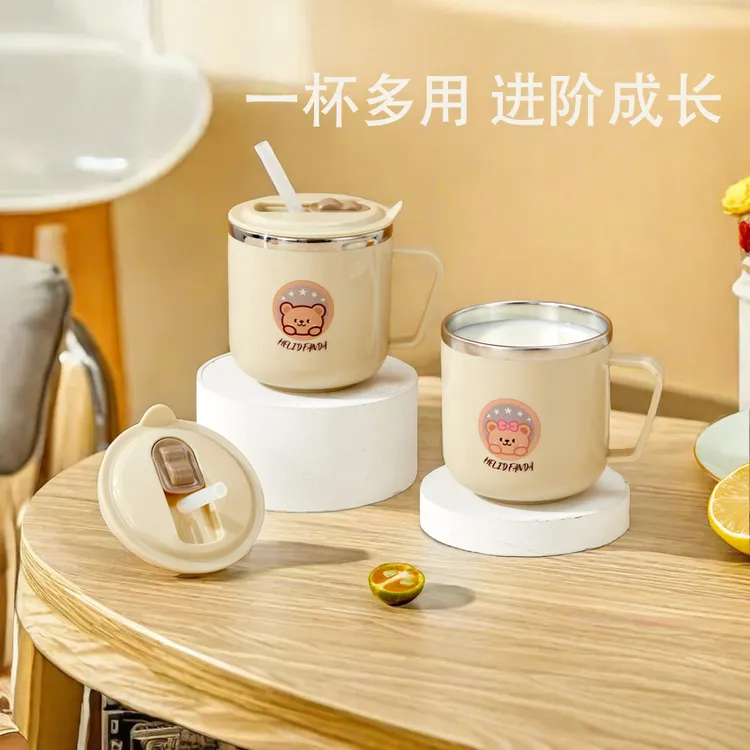 316不锈钢儿童水杯带刻度喝水杯子宝宝防摔防烫卡通吸管杯学饮杯