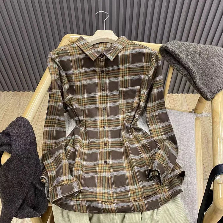 早秋复古格纹翻领衬衫纯棉文艺宽松百搭叠穿打底秋冬上衣女C85153