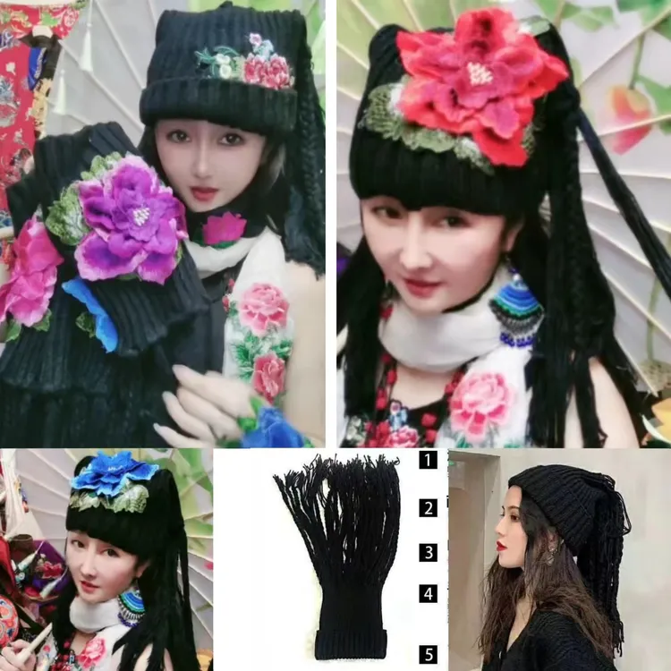 冬款毛线流苏辫子民族风帽子