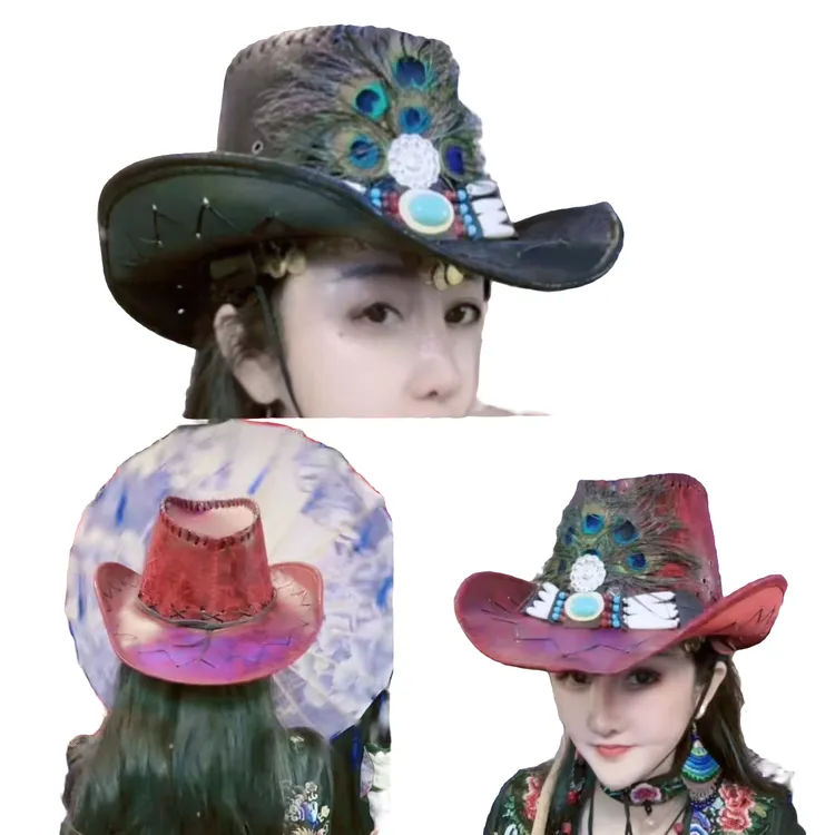 骑士帽超酷西部牛仔帽羽毛爵士帽四季款