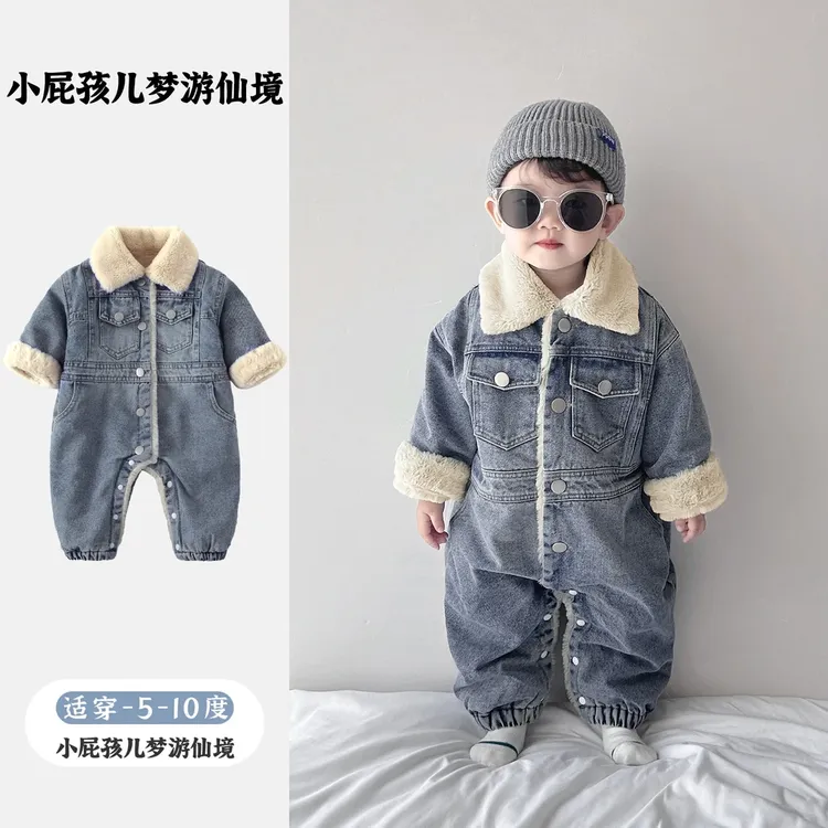 婴儿衣服冬季加绒保暖男宝宝牛仔连体衣冬装洋气韩版男婴冬款爬服
