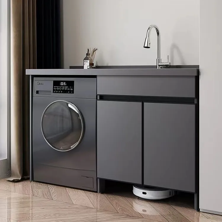 太空铝阳台台面洗衣机柜一体盆风格防潮灰色带扫地机器人基站定制