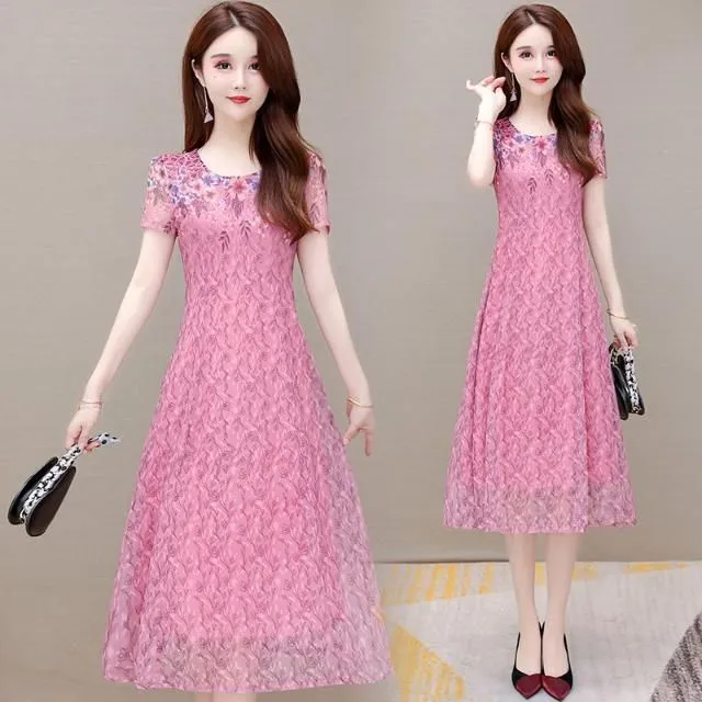 轻奢高端连衣裙网纱印花刺绣妈妈短袖裙子中年30-50时尚气质碎花