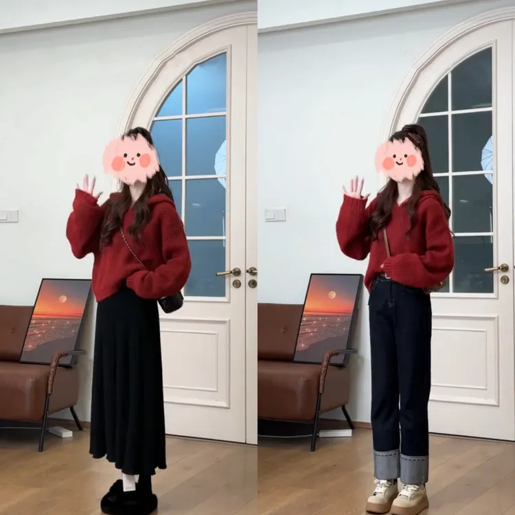 春季新款一整套穿搭韩版时尚洋气针织套头毛衣+高腰半身裙两件套