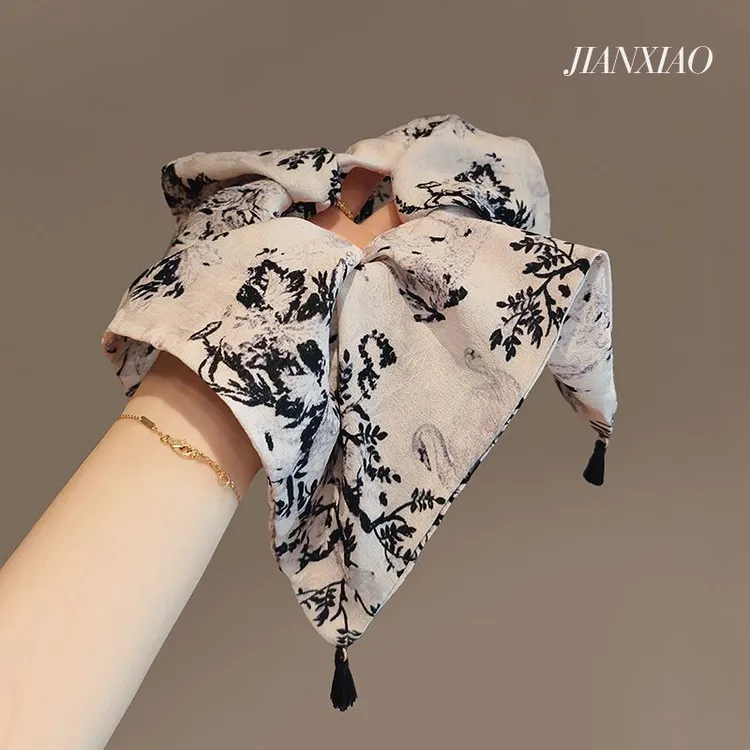 韩国发饰高级精致新中式灰色水墨画印花流苏小方巾发圈大肠圈发绳