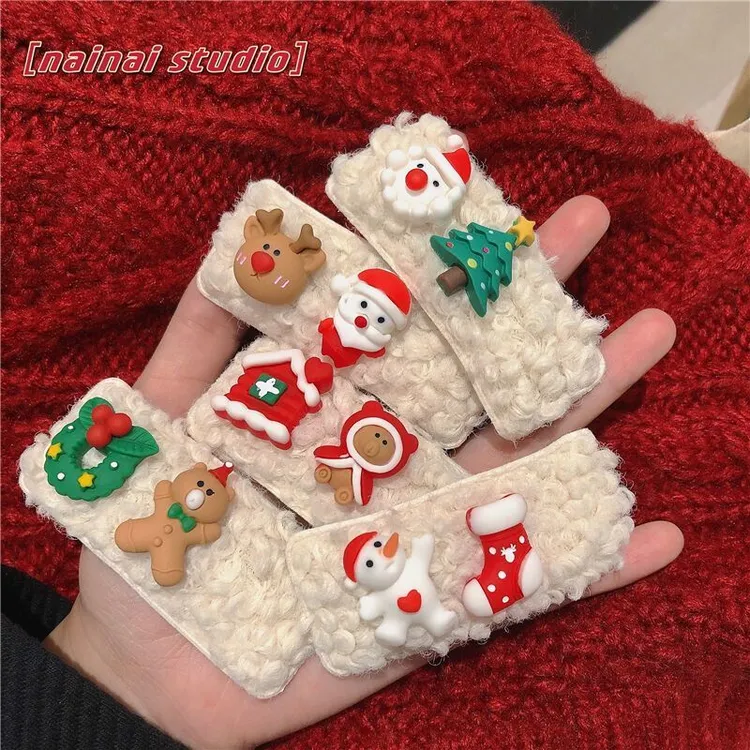 圣诞节羊羔毛BB夹~圣诞老人雪人麋鹿毛绒秋冬发夹侧边夹少女发饰