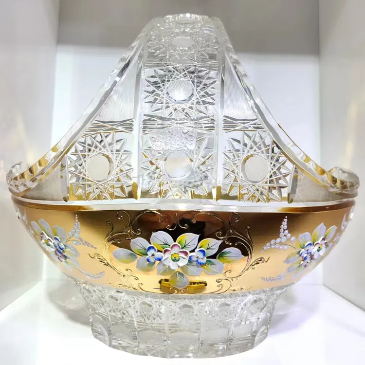 捷克纯手工雕刻金色精刻水晶玻璃果盘果篮手提篮客厅茶几大果盘