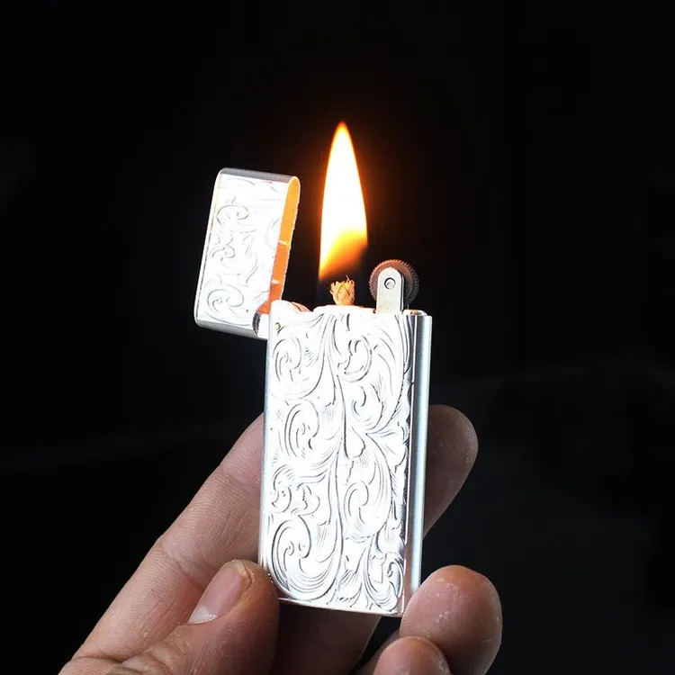 创意浮雕唐草花镀银煤油打火机双面雕刻金属超薄砂轮煤油打火机男