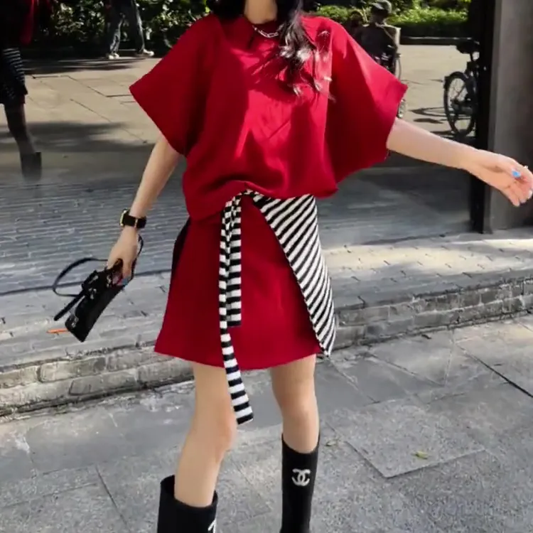 2025韩版夏日穿搭时尚条纹坎肩气质显瘦宽松短袖上衣裙裤三件套装