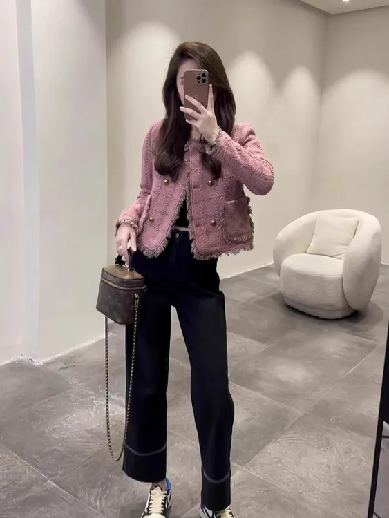 粉色短款外套女2024秋季百搭气质高级感个性时尚洋气小香风上衣