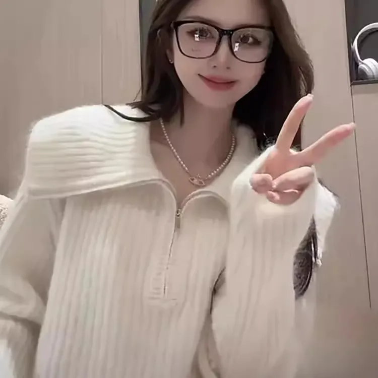 半拉链设计感翻领毛衣女秋冬加厚外穿慵懒高级感超好看针织衫上衣