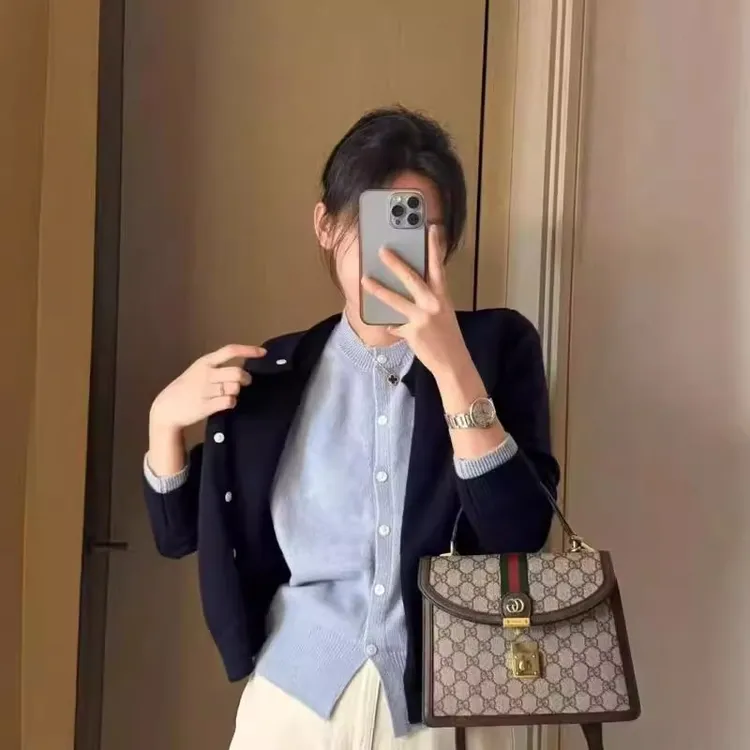 假两件针织开衫女2024早秋季新款韩系穿搭叠穿毛衣慵懒风上衣外套