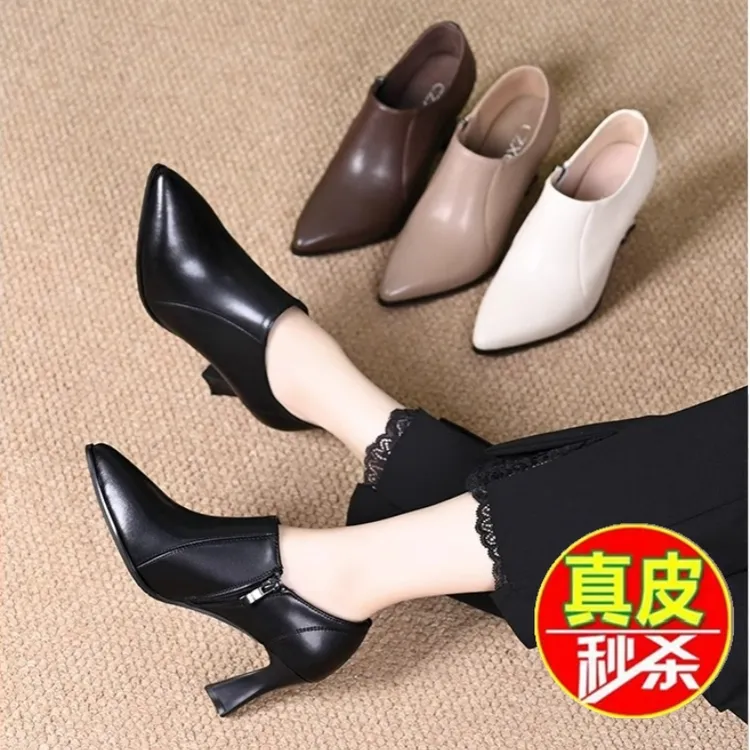 尖头真皮高跟鞋女2024新款春秋深口小皮鞋软皮软底单鞋女粗跟女鞋