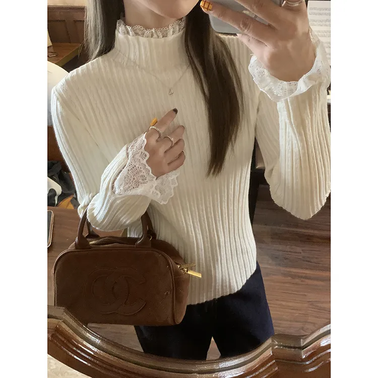 蕾丝边半高领内搭针织打底衫女秋冬2024新款长袖毛针织上衣外穿