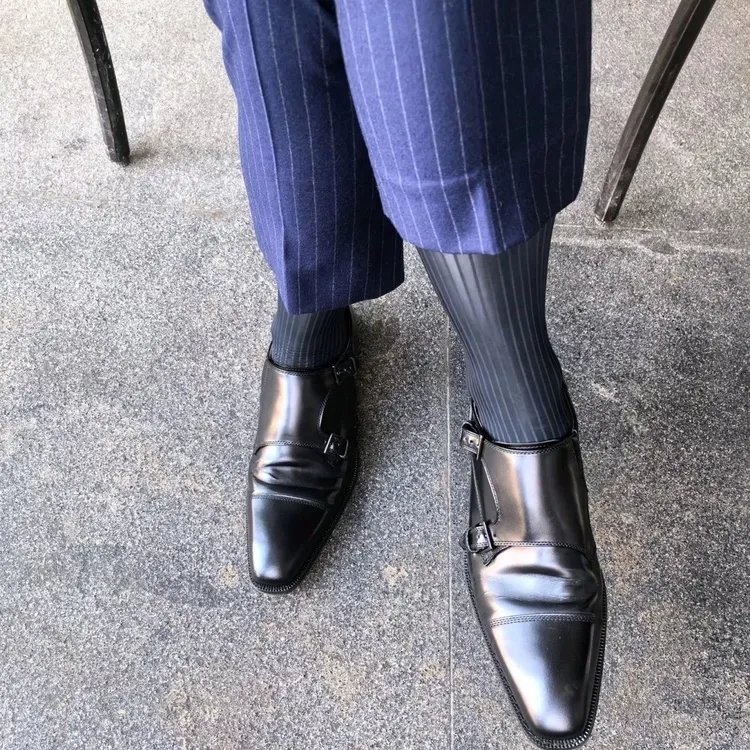 男士镜面商务中长筒藏青黑色马油镜光藏青黑色锦纶条纹丝袜非ick