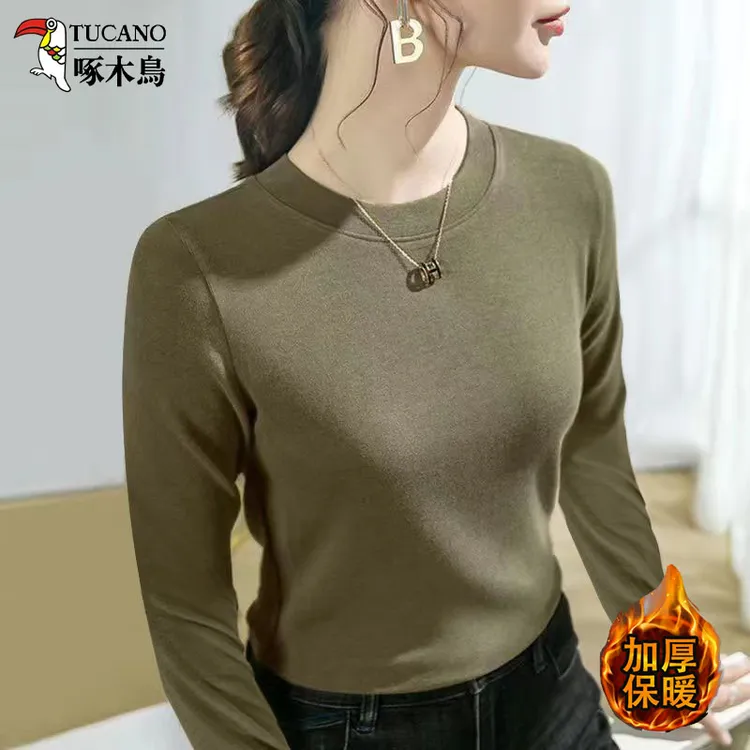 啄木鸟冬季新款德绒保暖长袖打底衫女时尚百搭上衣女装洋气减龄