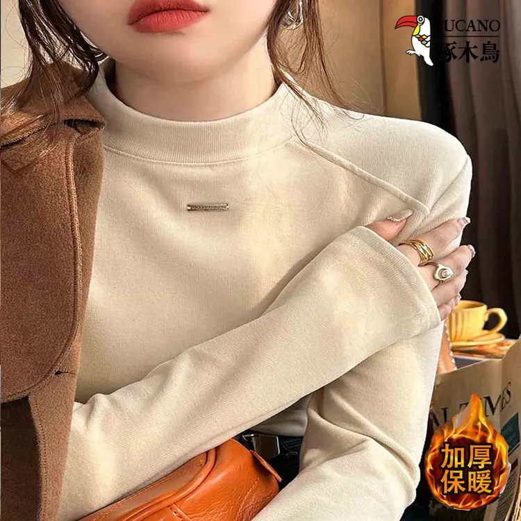 啄木鸟女装新款德绒保暖打底衫女内搭洋气减龄长袖女t恤时尚百搭 