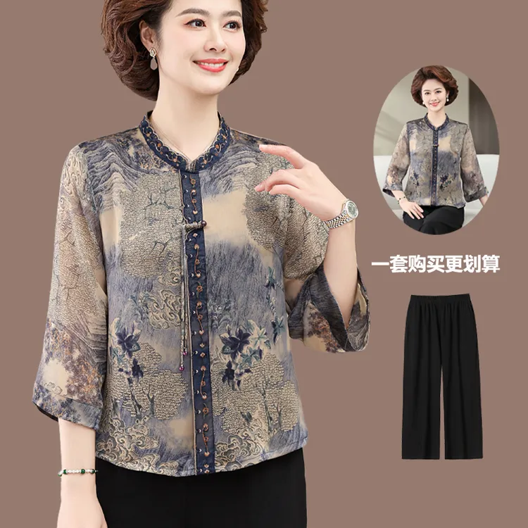 高贵母亲节衣服婆婆妈妈夏装真丝上衣国风套装中老年人桑蚕丝衬衫