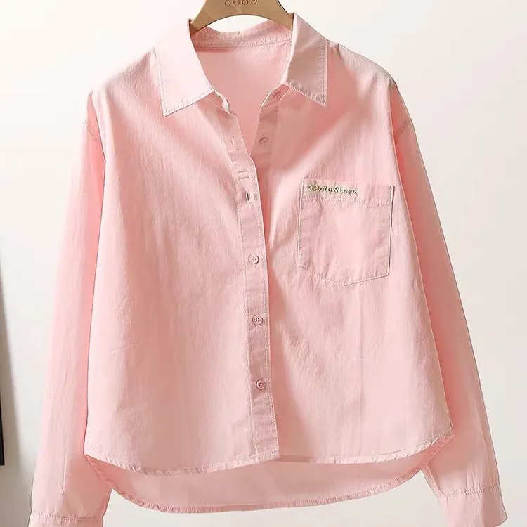 短款纯棉衬衫女2025时尚绣花字母口袋宽松休闲衬衣女百搭休闲上衣