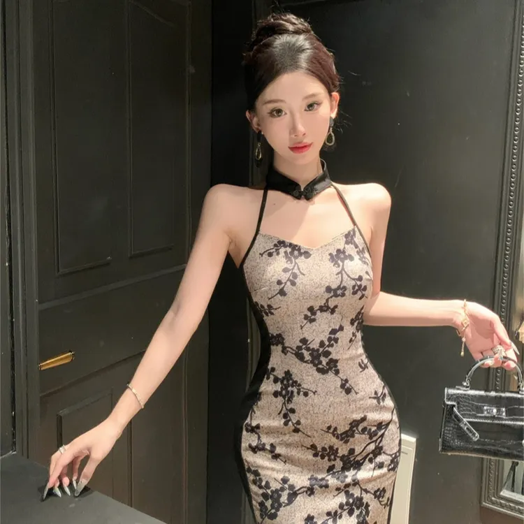 改良旗袍挂脖印花拼接吊带连衣裙直播女主播衣服上镜高级感晚礼服