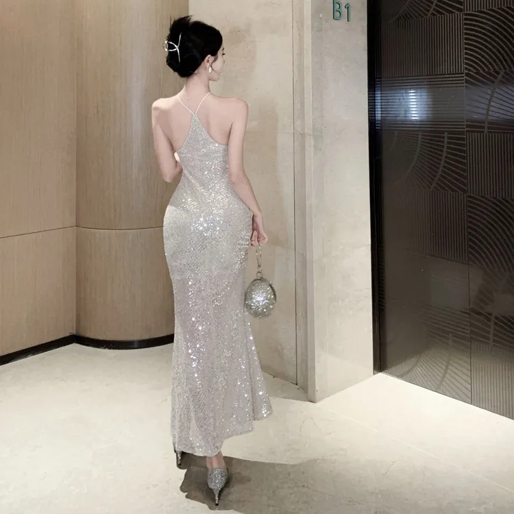 流光银法式晚礼服高端轻奢亮片长款连衣裙年会party吊带宴会礼裙
