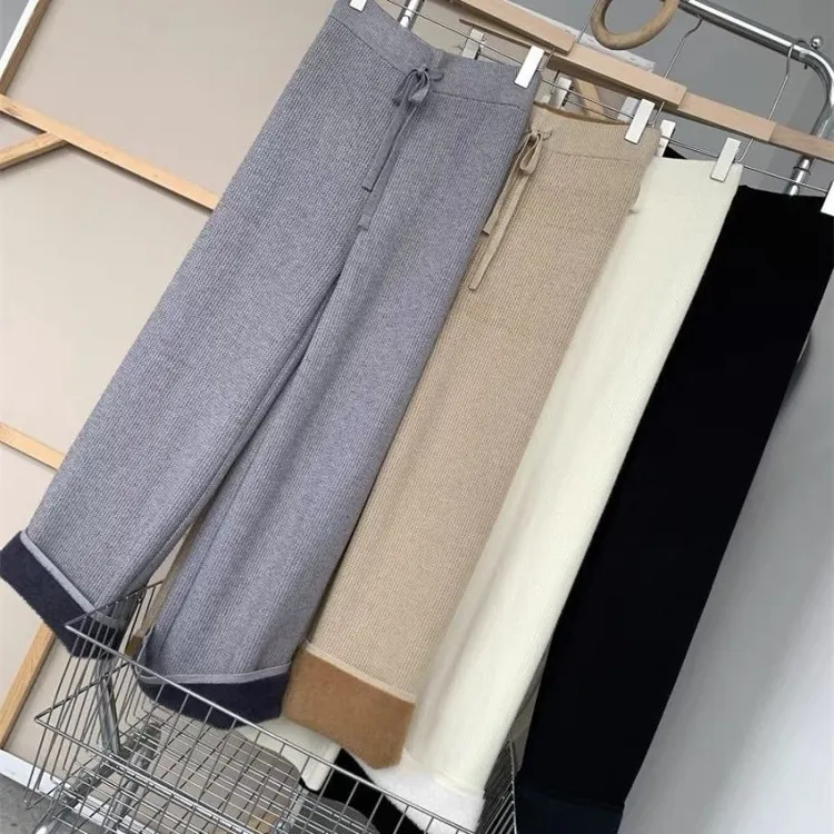 新款针织女高腰弹力垂感百搭加厚加绒秋冬季阔腿裤打底裤直筒裤女
