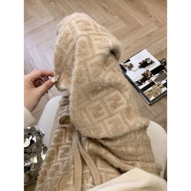 加厚水貂绒提花针织阔腿裤女秋冬高腰垂感直筒宽松休闲毛绒拖地裤