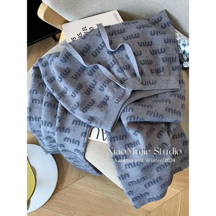 加厚毛茸茸水貂绒字母针织裤女冬季新款垂感宽松阔腿休闲拖地长裤