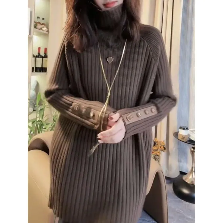 欧货2024秋冬季新款韩版宽松袖口重工皮扣高领毛衣女中长款打底衫