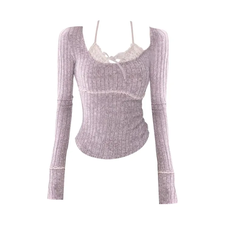设计感假两件气质内搭打底衫女秋冬挂脖纯欲风甜辣妹蕾丝拼接上衣