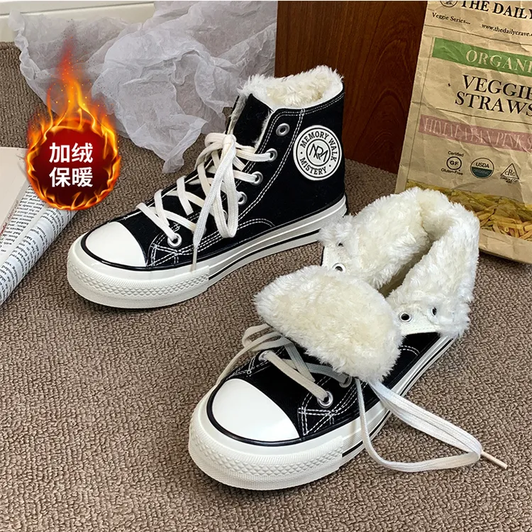 2025年冬季新款加绒保暖帆布鞋女ulzzang加棉加厚高帮情侣棉鞋潮