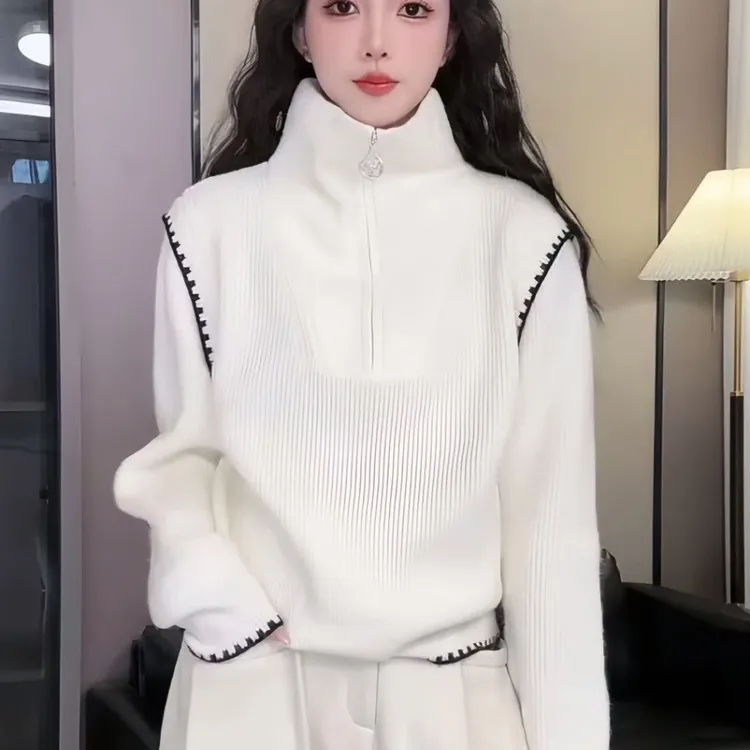 时尚简约半拉链高领毛衣女秋冬新款小众百搭宽松加厚针织衫上衣潮