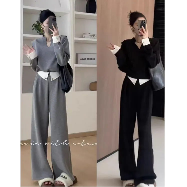 T-9339时尚小香风套装女长袖V领拼接气质上衣高腰休闲裤子两件套