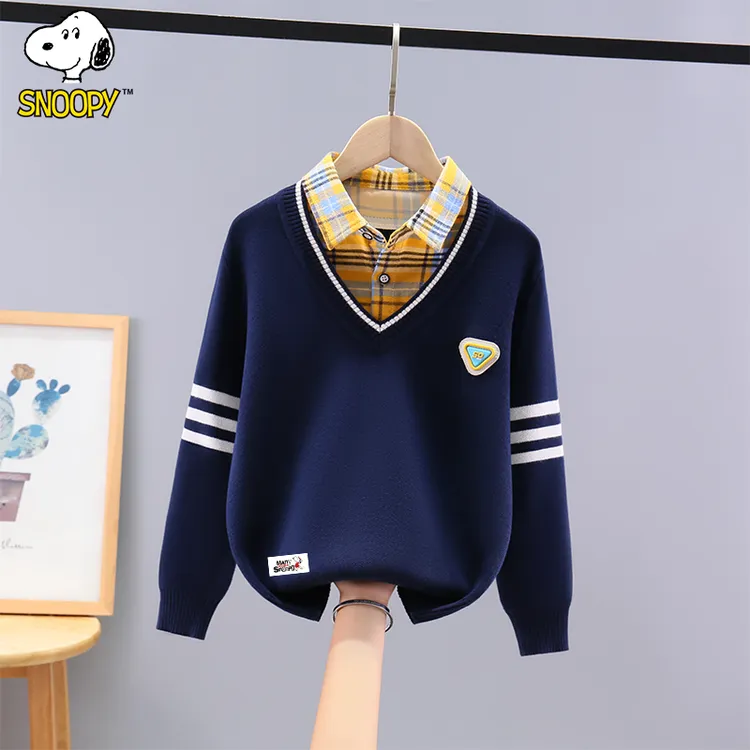 史努比男童毛衣秋冬2025新款中大童洋气假两件男孩纯棉儿童针织衫