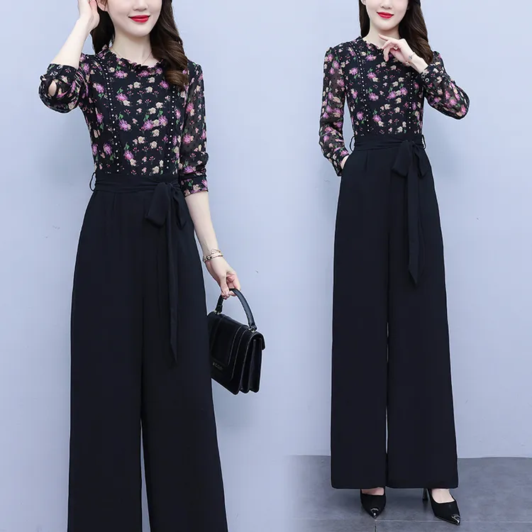 别致高级感连衣裤女2025春秋新款气质名媛碎花拼接阔腿连体裤套装