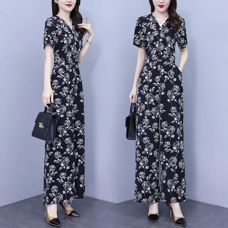 时尚女神范碎花阔腿连体裤套装女夏季2025新款气质显瘦连身连衣裤