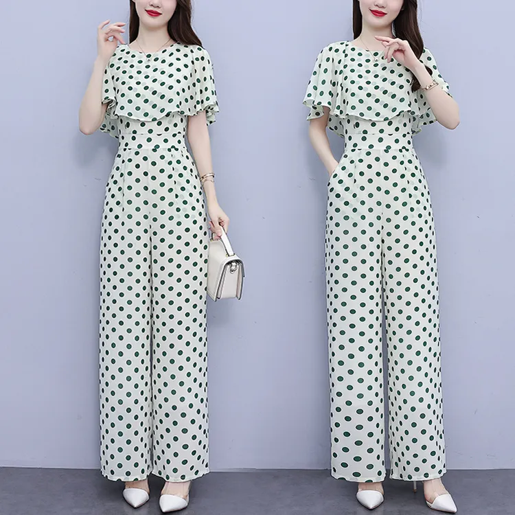 时尚波点雪纺阔腿连体裤套装女夏2025新款气质高端正品连衣裤长款