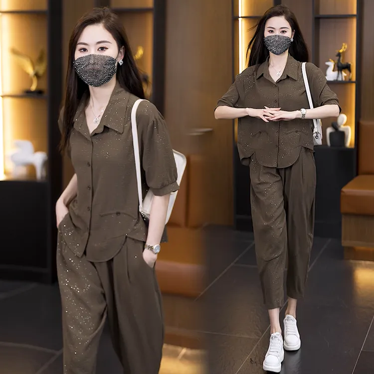高档女士夏季夏款遮肚显瘦休闲套装2025新款女装爆款洋气两件套潮