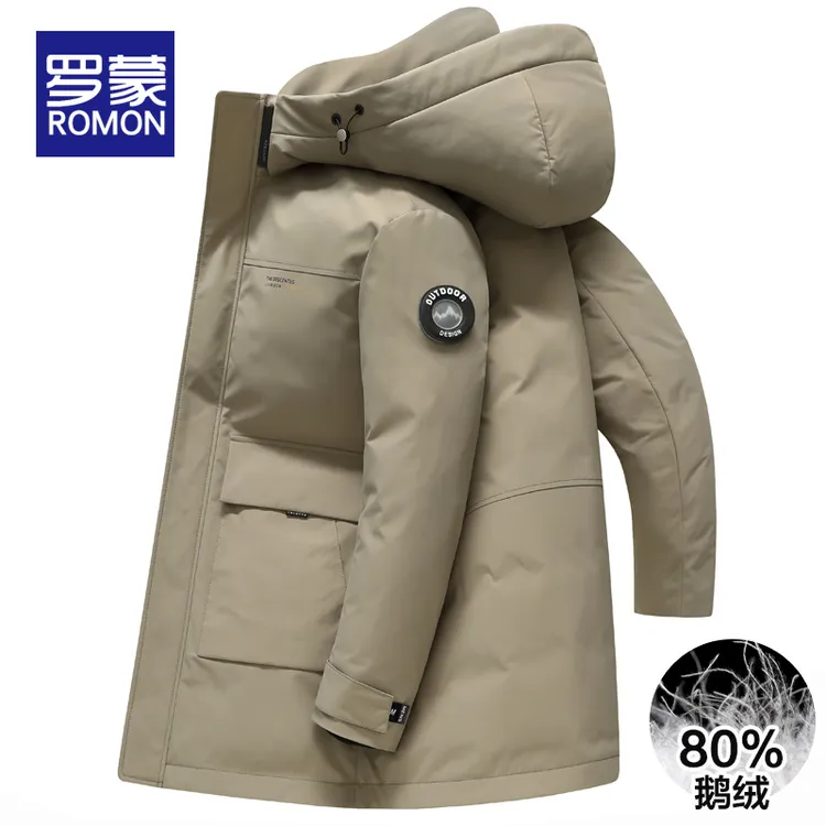 罗蒙中长款羽绒服男款冬季鹅绒保暖上衣男士休闲百搭可拆卸帽外套
