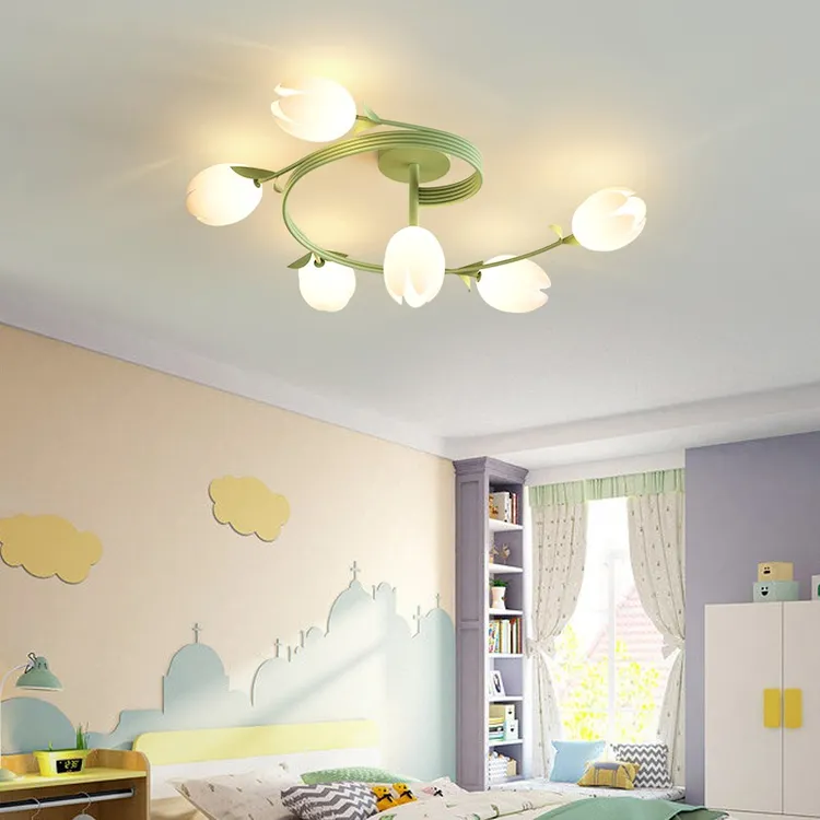 主卧室灯简约现代奶油风绿色网红2025年新款花朵儿童房间吸顶灯具