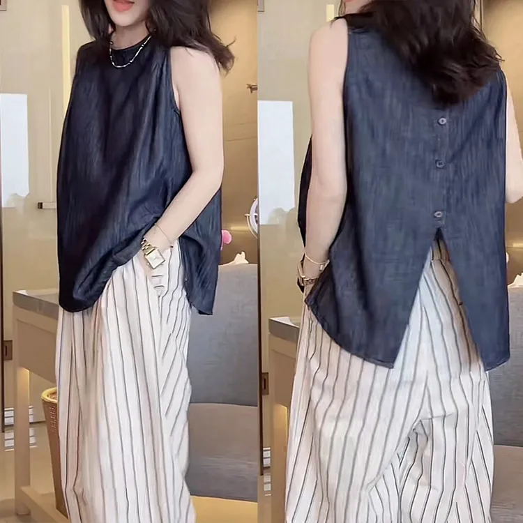 2024夏季新款韩版女装时尚休闲百搭纯色显瘦无袖背心条纹休闲裤