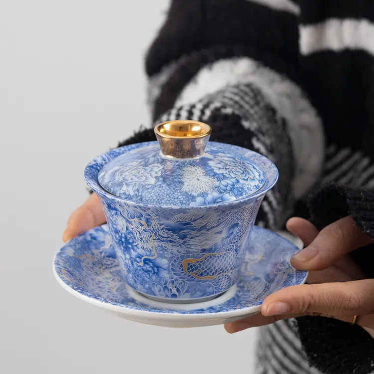 中式掐丝银龙腾盛世三才盖碗悬停可旋转家用高档宫廷风功夫泡茶碗